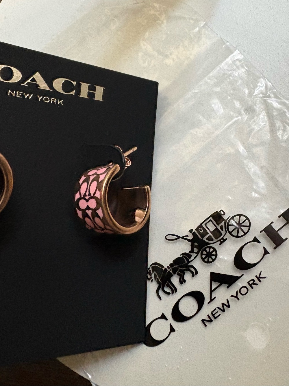 Coach Wide Huggie Hoop Earrings Pink / Rose Gold New NWT - Picture 2 of 5